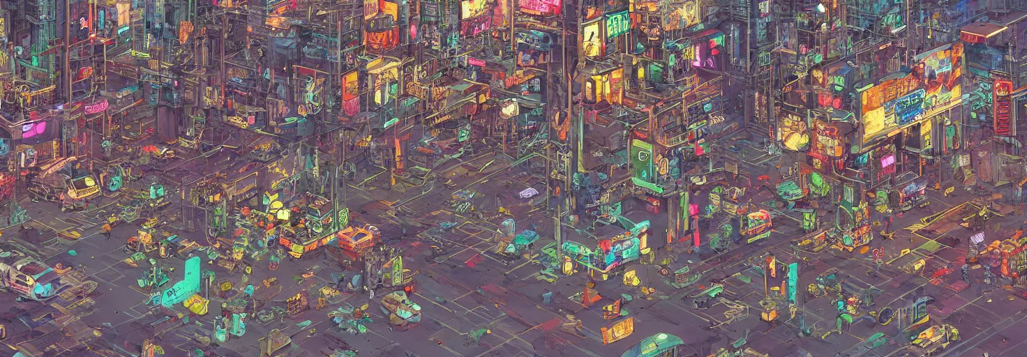 Prompt: Panorama full-color digital painting of a polluted cyberpunk city intersection from hard boiled with complex futuristic architecture and late night lighting and aesthetics, imax, extremely detailed, mixed media style illustration, artstation, line art, smooth, sharp focus, illustration, hyperrealism, photorealism, 8k art by geof darrow, moebius and thomas kinkade, desaturated dark color scheme