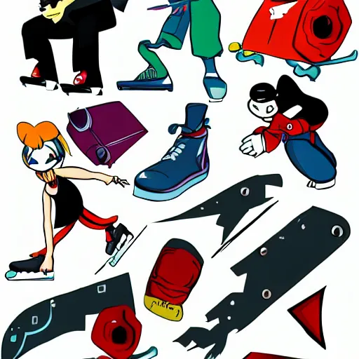 Image similar to single skater character on white background, cartoony stylized proportions by hirouki imaishi inks and colors