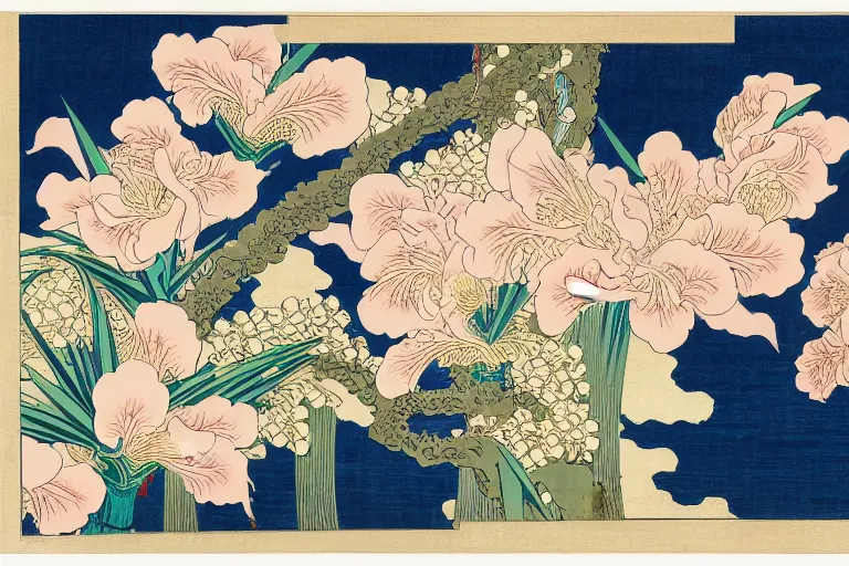 Image similar to a beautiful and hyperdetailed ukiyo - e drawing of tangled irises and flowers by katsushika hokusai, in style by utagawa kuniyoshi and utagawa hiroshige, japanese print art, intricate, elegant, fine, complex, chinese style 4 k