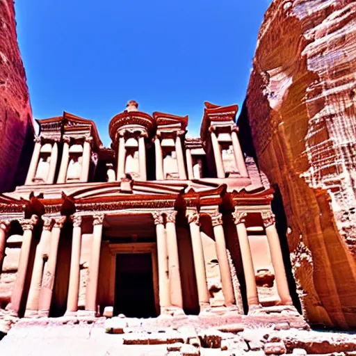 Prompt: the temple of petra with the pillars carved as anime characters
