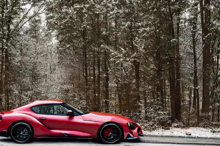 Prompt: A Toyota supra parked in a road with trees, Winter season, Epic photography, taken with a Canon DSLR camera, 50 mm, depth of field