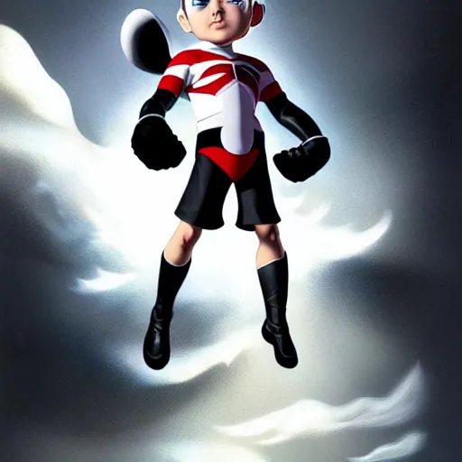 Image similar to wide angle portrait of Astroboy with western style face, monochrome color, heroic pose, mid-shot, shadowy area, dramatic lighting, award winning, concept art, digital painting, Unreal Engine 5, 8K, art by artgerm and greg rutkowski and alphonse mucha