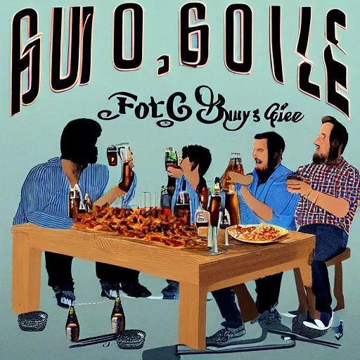 Prompt: album art cover of four guys barbecue and drinking beer