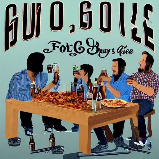 Image similar to album art cover of four guys barbecue and drinking beer