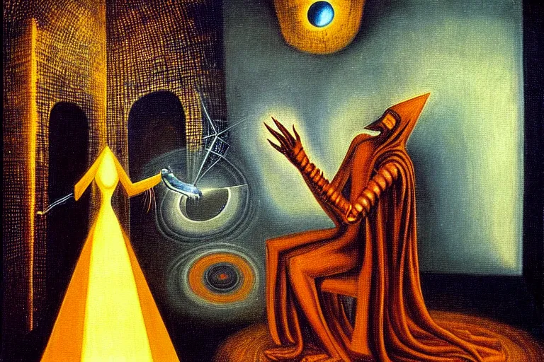 Prompt: a beautiful masterpiece painting of a cybernetic technomancer wizard consulting his AI djinn by Remedios Varo