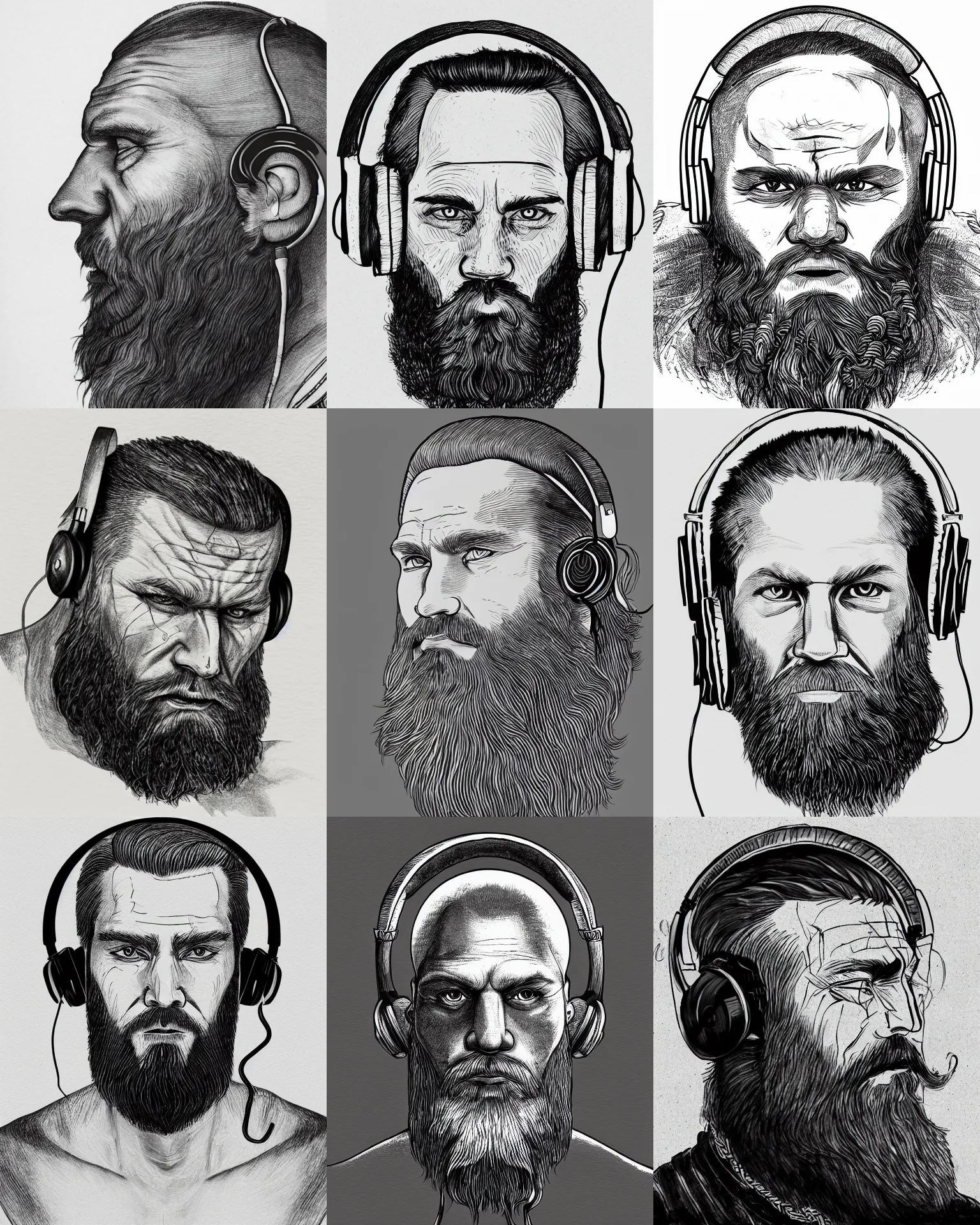 Prompt: detailed october ink drawing of a head of a beared viking wearing a headphones, white wall background, medium shot, front face asymmetrical, trending on artstation by rob plater