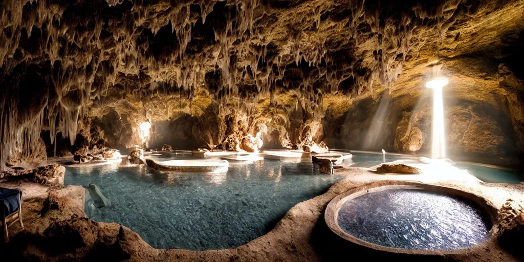 Prompt: detailed interior of cozy hotsprings hidden inside a cave, small waterfalls, lush vegetation, flowers, towels, plates of fruit, god rays, light shafts, stunning atmosphere, by Peter Mohrcacher, cinematic lighting