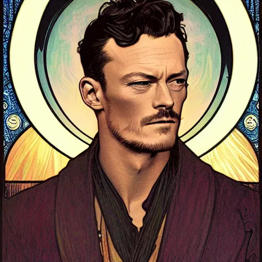 Image similar to luke evans portrait by louis - theophile hingre and alphonse mucha, realistic, sharp focus, zodiac signs, tarot cards, planets, ethereal, art nouveau, magic, moon, sun, crown, dreamy, royal, jewellery