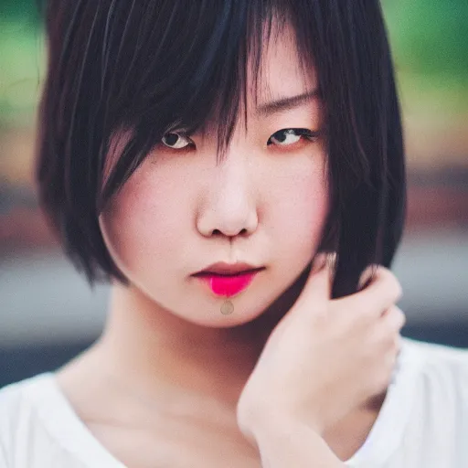 Image similar to beautiful gorgeous curvy Japanese edgy model girl with short hair, she's sad, sunset, 80mm lens, 1.2 aperture, grainy image, close up