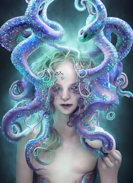 Prompt: A full shot of a cute magical monster girl sea creature Made of opals and tentacles. Fully Clothed. F1.4. Symmetrical. Dark Smoke and VFX. Caustics refraction. Prism light. Demon Horns, Angel Wings, By Giger and Ruan Jia and Artgerm and Range Murata and WLOP and William-Adolphe Bouguereau. Pipes. Lisa Frank Inspired. Key Art. Fantasy Illustration. award winning, Artstation, intricate details, realistic, Hyperdetailed, 8k resolution.