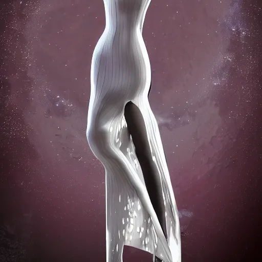 Prompt: a highly detailed unreal engine symmetric portrait of a long legged freaky goddess in a latex dress in an endless galaxy, trending on artstation