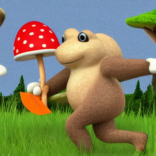 Image similar to Toad mushroom head running at a grizzly bear with an axe