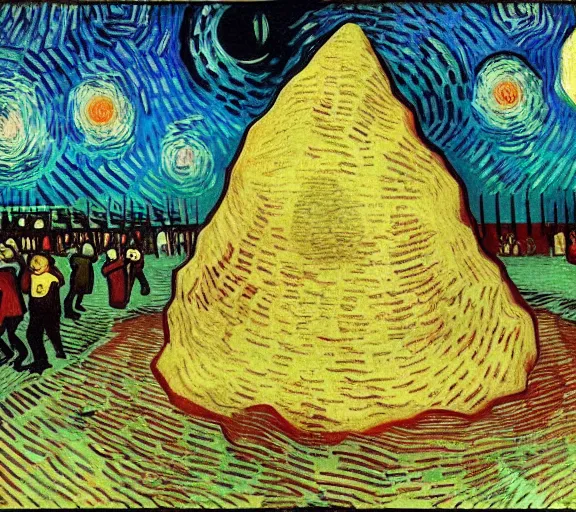 Image similar to a giant triangular dumpling with meat in the center eats people in the city of the future, people run and scream, by van gogh, realism, futurism