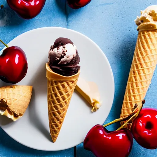 Prompt: A delicious ice cream cone, vanilla, chocolate, cherries, blue sky, food photography