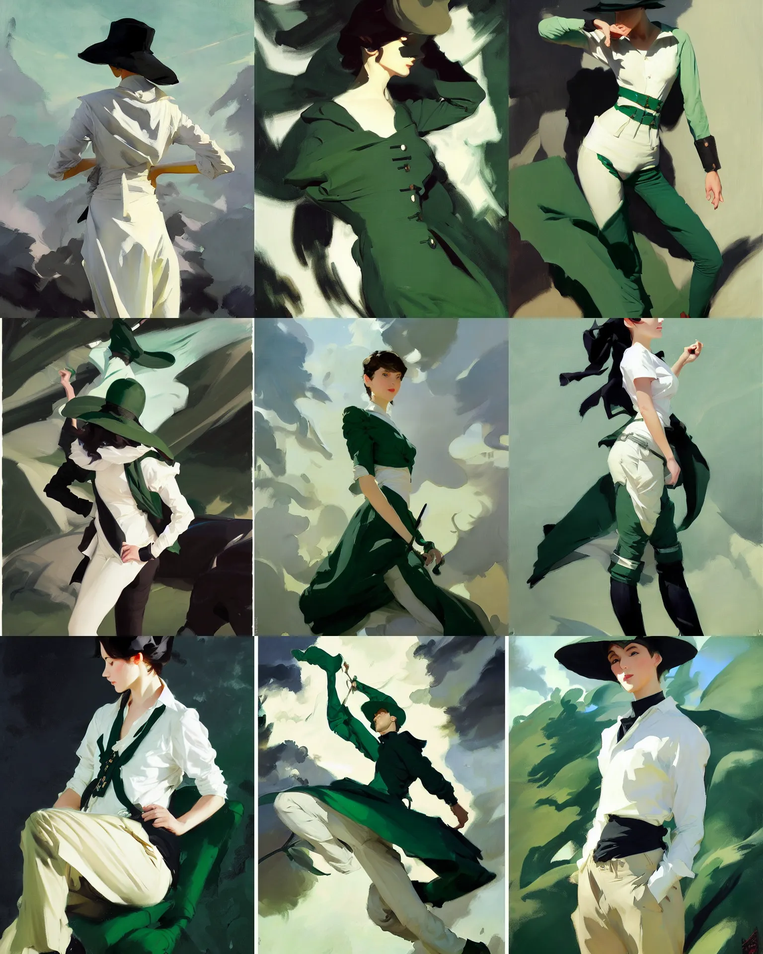 Prompt: white black deep green cloth fabric jodhpurs greg manchess painting by sargent and leyendecker, studio ghibli, fantasy, medium shot, asymmetrical, intricate, elegant, matte painting, illustration, hearthstone, by rhads by greg rutkowski, by greg tocchini, by james gilleard, by joe fenton