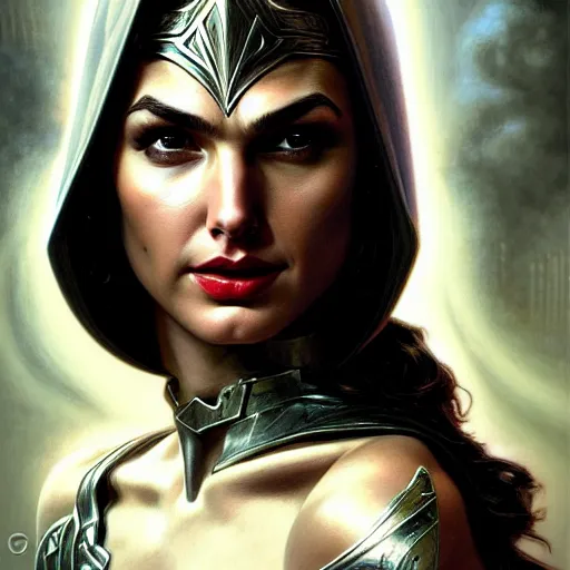 Prompt: head and shoulders Portrait of Gal Gadot as Sylvanas, dark fantasy, medium shot, intricate, elegant, highly detailed, digital painting, volumetric light, artstation, concept art, smooth, sharp focus, illustration, art by Gil Elvgren and Greg Rutkowski and Alphonse Mucha