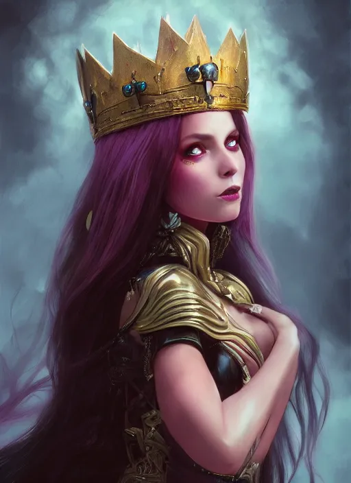 Image similar to mysterious evil princess with long hair and a crown, vivid colors, fantasy, elegant, concept art, sharp focus, beautiful face!!, digital art, Hyper-realistic, 4K, Unreal Engine, Highly Detailed, HD, Dramatic Lighting by Brom, trending on Artstation