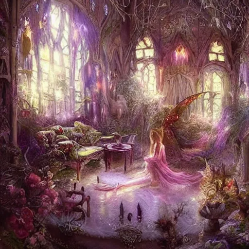 Image similar to a beautiful interior of a fairy castle's hall,, fully decorated, furnished with fairy furniture, fairy aesthetics, fairy lights, fairycore!!! magical realism, fantasy nvironment art by scot howden, greg rutkowski, and elena dudina. high details, magical and in soft colour palette, dreamy