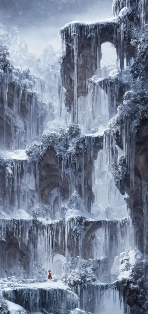 Image similar to a gigantic palace made of crystal stone with arches and bridge on top of a waterfall in the snow, blizzard, a small stream runs beneath the waterfall, landscape, raphael lacoste, eddie mendoza, alex ross, concept art, matte painting, highly detailed, rule of thirds, dynamic lighting, cinematic, detailed, denoised, centerd