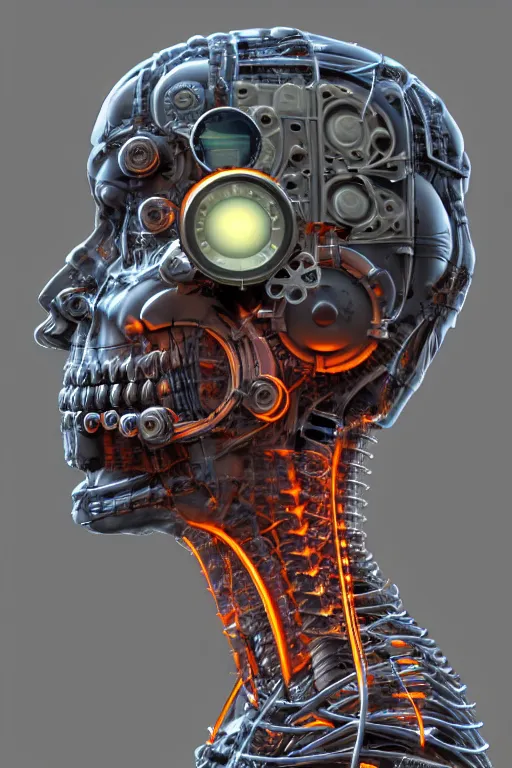 Prompt: 3D render of a rugged profile face portrait of a steampunk cyborg android with glowing CPU visible through an open access port, inset xray cross-section, neon lenses for eyes, Mandelbrot fractal, titanium skeleton, anatomical, flesh, facial muscles, wires, microchips, electronics, veins, arteries, glowing, full frame, microscopic, elegant, highly detailed, flesh ornate, elegant, high fashion, dye contrast lighting, black light, octane render in the style of H.R. Giger and Bouguereau