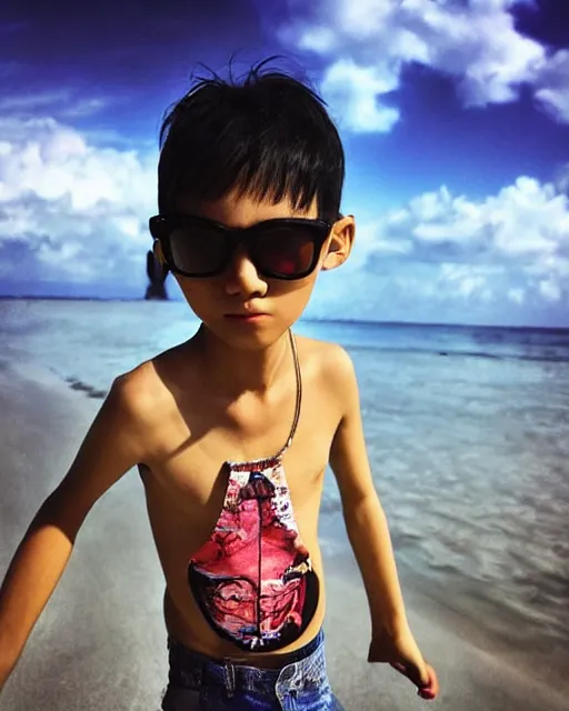 Prompt: low angle iphone HDR photo of beautiful swag Iwakura Lain as a fit slender skateboard kid on the beach wearing rayban shades in Florida, 35mm, cinematic, trending on Instagram, trending on ArtStation, by WLOP, 8k, 4k, HD
