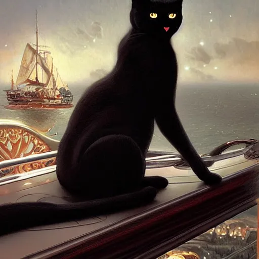 Image similar to beautiful black cat sitting on the deck of a fantasy ship, naval background, portrait, elegant, intricate, digital painting, artstation, concept art, smooth, sharp focus, illustration, art by artgerm and greg rutkowski and alphonse mucha