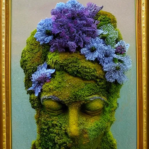 Prompt: a beautiful fantasy painting of a sculpture made of moss and flowers