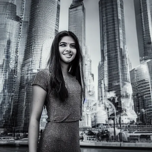 Image similar to portrait of 2 5 - year - old woman godess with angle 1 0 0 ° centred looking away fresh air, strong spirit and look happy, background city blured futuristic