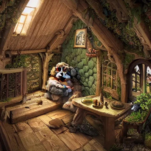 Prompt: a wise old troll inside a medieval hobbit house, ornate, beautiful, atmosphere, vibe, flowers, concept art illustration, color page, 4 k, tone mapping, doll, akihiko yoshida, james jean, andrei riabovitchev, marc simonetti, yoshitaka amano, digital illustration, greg rutowski, volumetric lighting, sunbeams, particles