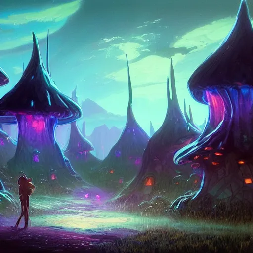 Image similar to concept art painting of a fantasy alien nighttime landscape of houses made of mushrooms, with glowing blue lights, dark purple sky, realistic, detailed, cel shaded, in the style of makoto shinkai and greg rutkowski and albert bierstadt and james gurney