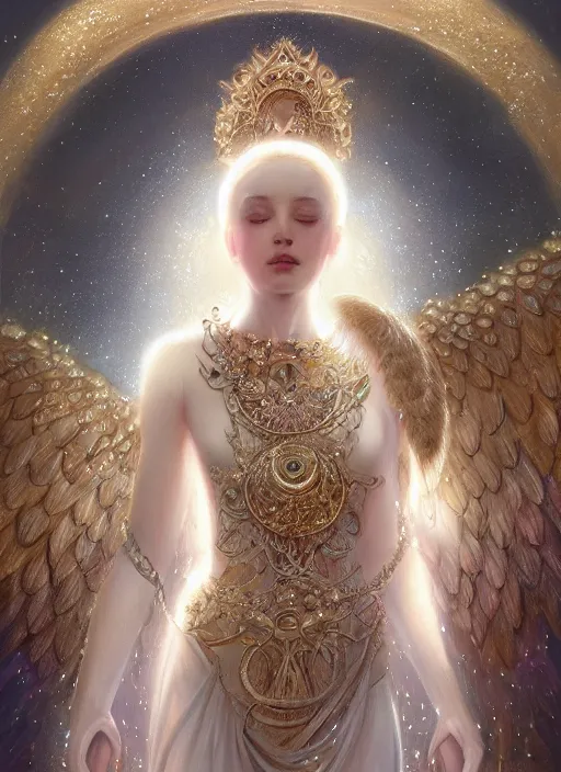 Image similar to A beautiful digital painting of a female angel full of jewels, princess, the moon behind her, intricate, cinematic lighting, highly detailed, digital painting, Artstation, concept art, smooth, sharp focus, illustration, art by Tom Bagshaw, Artgerm and Greg Rutkowski