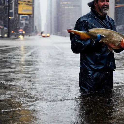 Image similar to closeup portrait of a fisherman holding a big fish in a rainy new york street, photography, time magazine