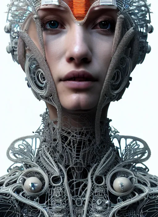 Image similar to portrait of an absurdly beautiful, graceful, sophisticated, fashionable cyberpunk mechanoid, hyperdetailed illustration by irakli nadar and alexandre ferra, intricate linework, white porcelain skin, faberge, fractal, coral headdress, unreal engine 5 highly rendered, global illumination, radiant light, detailed and intricate environment