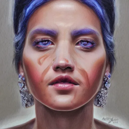 Image similar to Intricate five star Beautiful Royal Queen facial portrait by Monica Lee, Colored pencil on paper, high detail, skin texture, photo realistic, hyperrealism,matte finish, high contrast, 3d depth, masterpiece, vivid colors, artstationhd