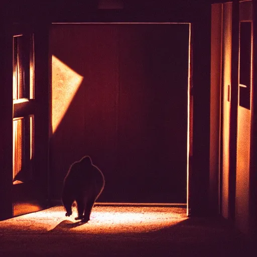 Image similar to dark photograph of a small bear character with a spotlight focused on him walking through a large wooden doorway