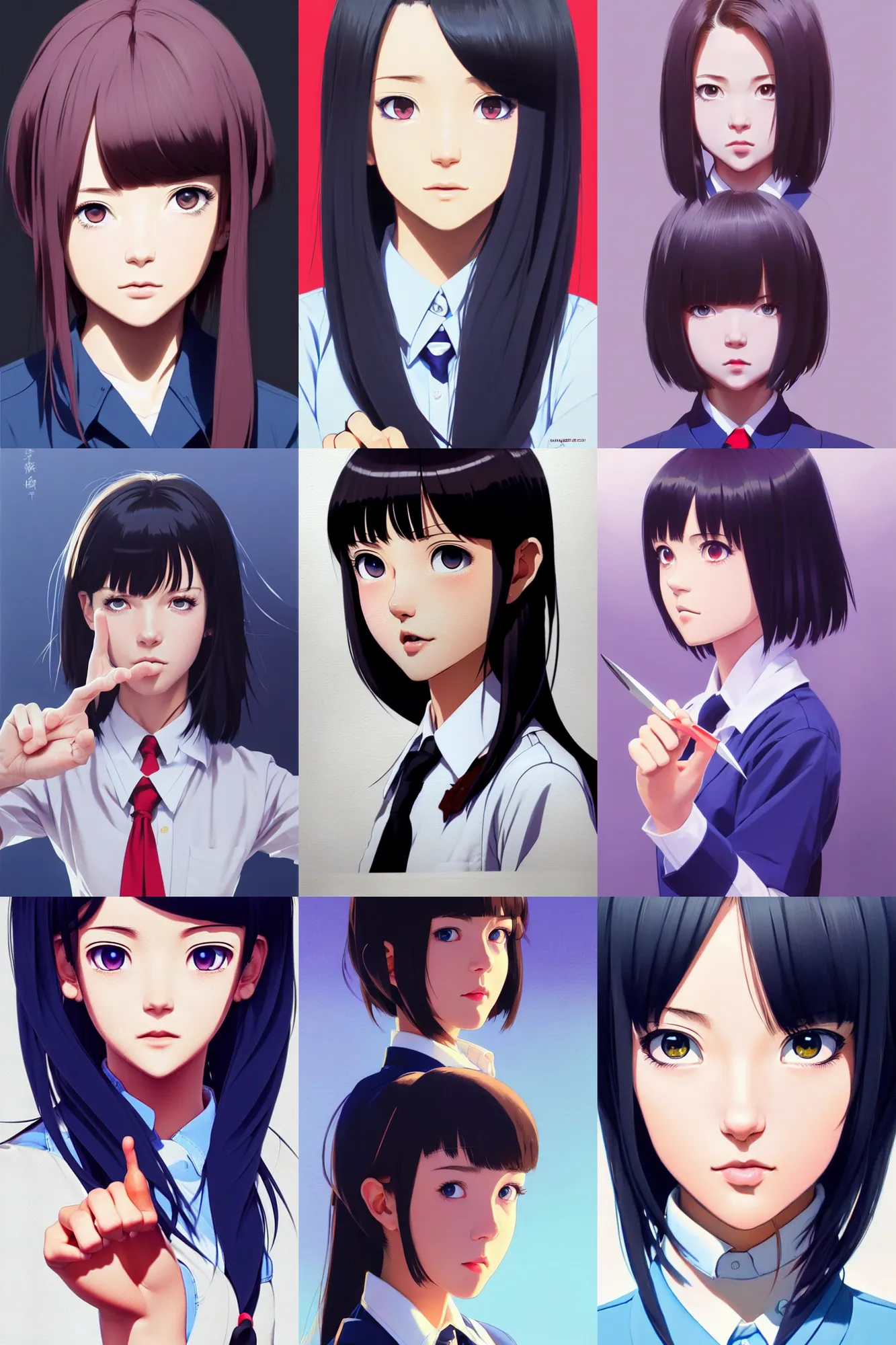 Prompt: a cute girl wearing school uniform making scissor hand gesture | | really good looking face!!, realistic shaded perfect face, fine details, anime, realistic shaded lighting poster by ilya kuvshinov katsuhiro otomo ghost - in - the - shell, magali villeneuve, artgerm, jeremy lipkin and michael garmash and rob reyt