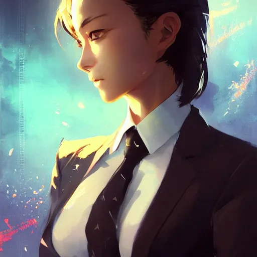 Prompt: portrait of a young woman in a business suit, dramatic lighting, anime illustration by greg rutkowski, yoji shinkawa, 4 k, digital art, concept art, trending on artstation, アニメ, featured on pixiv