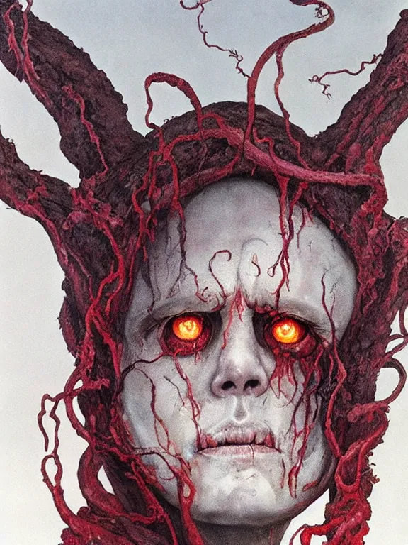 Image similar to painting by wayne barlowe of a flying sorrowful looking severed human head with tears running down it's eyes, face that is chalk white in color, with long sprawling white tentacles stemming down it's neck, fiery scorching red eyes, flying in a terrying hellish dark cavernous place