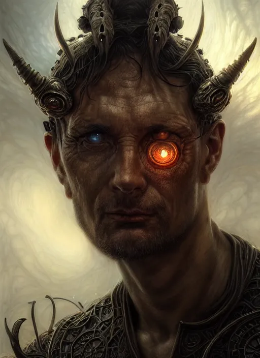 Image similar to closeup portrait shot of a demon hunter in a scenic dystopian environment, intricate, elegant, highly detailed, centered, digital painting, artstation, concept art, smooth, sharp focus, illustration, artgerm, tomasz alen kopera, peter mohrbacher, donato giancola, joseph christian leyendecker, wlop, boris vallejo