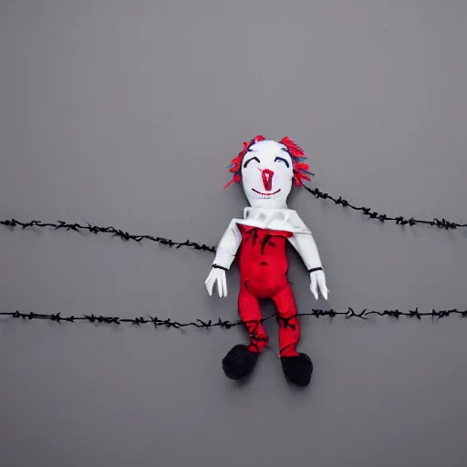 Image similar to freaky scary clown plush wrapped in barbed wire and networking cables against a dark grey silk backdrop