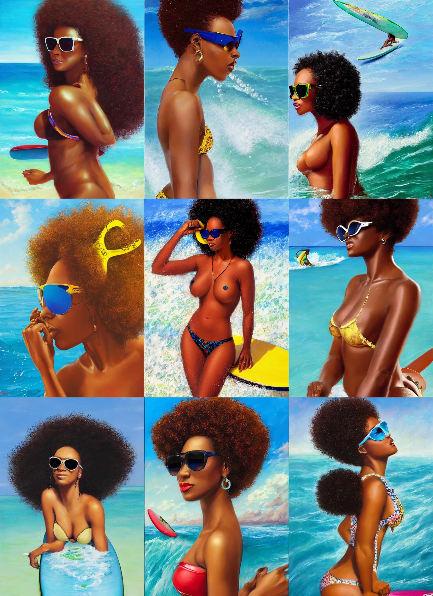 Prompt: profile view of a beautiful jamaican woman with sunglasses and an afro lying on a surfboard in the middle of the ocean, art by Mark Arian