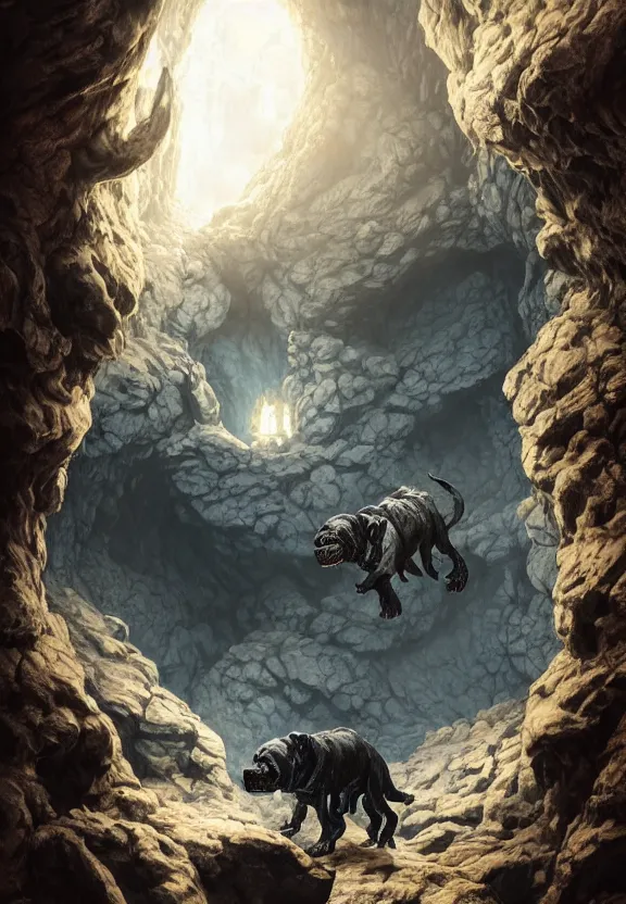 Image similar to three lovecraftian rabies mastiffs attacking inside a claustrophobic dark blue canyon of stone, foaming at the mouth, like ink in water, monsters, digital art, greg rutkowski, unreal engine, octane render, cinematic lighting, highly detailed