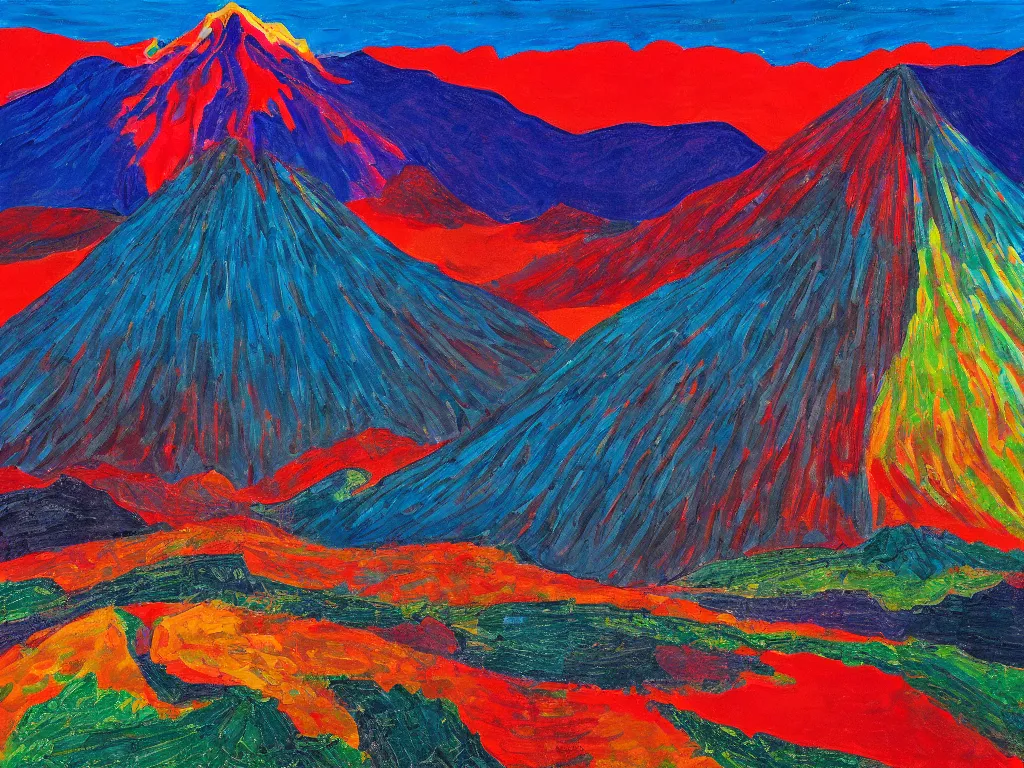 Prompt: Tolkien Lord of the Rings landscape Mount Doom Mordor in the style of David Hockney, abstract, flat, colorful, oil painting a bigger splash