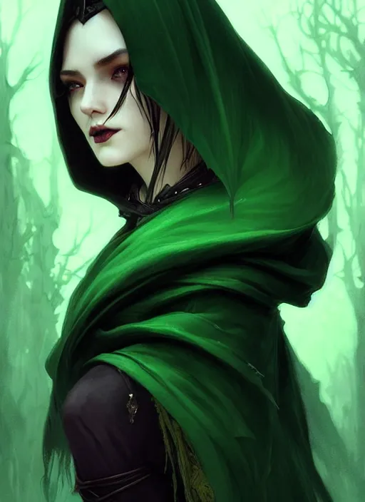 Image similar to side portrait dark witch with hood, adventurer outfit large cloak, fantasy forest landscape, moonshine, fantasy magic, undercut hairstyle, short green black fade hair, dark light night, intricate, elegant, sharp focus, illustration, highly detailed, digital painting, concept art, matte, art by WLOP and Artgerm and Greg Rutkowski and Alphonse Mucha, masterpiece