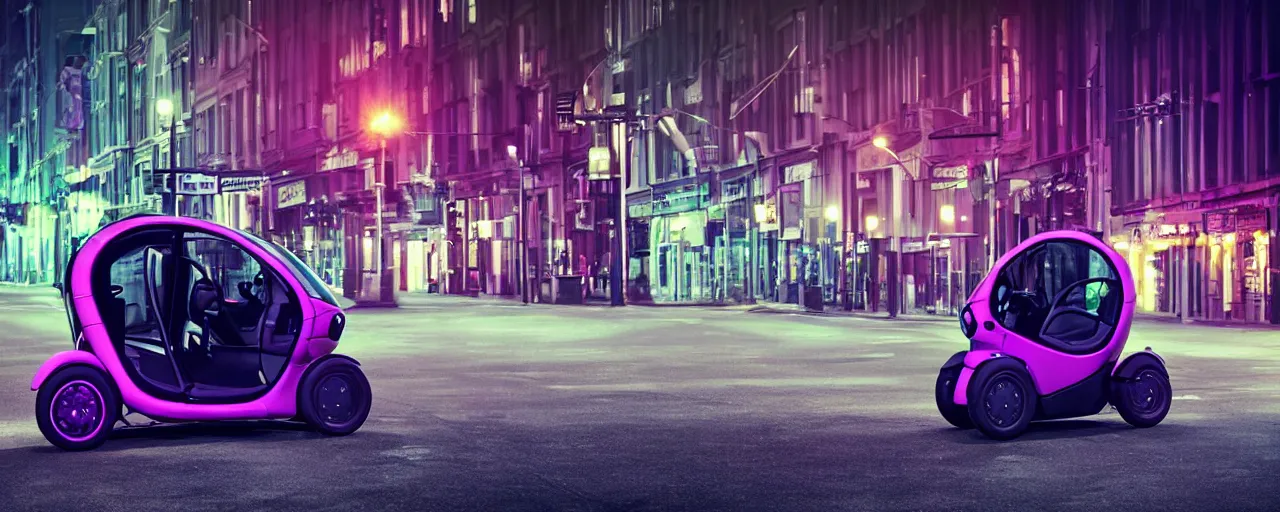 Prompt: Renault Twizy parked on deserted city street at night time purple lighted street retro-wave vibes grainy soft motion blur, cinematic, low wide angle shot