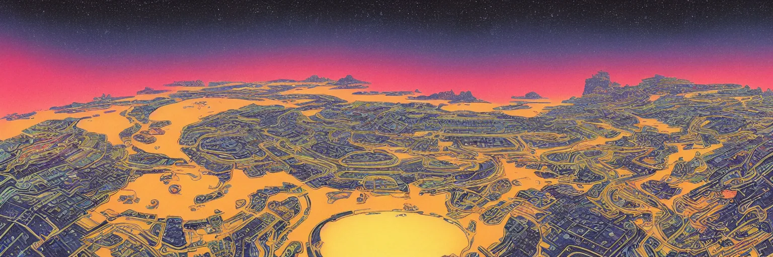 Image similar to a hyperrealistic rendering of a pop art scifi illustration panorama landscape pattern, deep color, futuristic, cyber by Peter Elson and Kawase Hasui, scifi superrealism