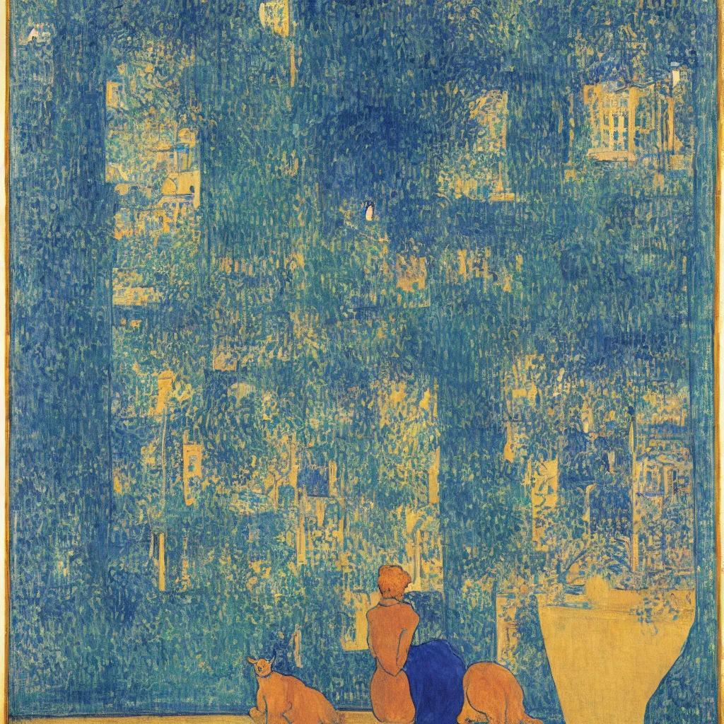 Image similar to woman and cat with city with tall trees and gothic cathedral seen from a window frame with curtains. dark indigo blue, turquoise, gold, earth brown. night with star. bonnard, henri de toulouse - lautrec, utamaro, matisse, monet