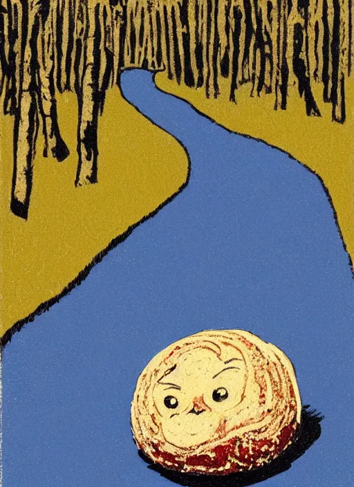 Image similar to an extreme close - up portrait of a spherical bread with face on it on a path in forest, by billy childish, thick visible brush strokes, shadowy landscape painting in the background by beal gifford, vintage postcard illustration, minimalist cover art by mitchell hooks