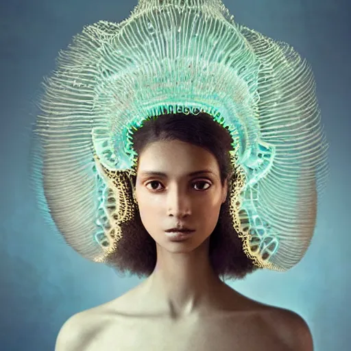 Image similar to a close - up shot of a brown woman wearing a luminous armor made of neon jelly fishes. extremely soft lighting. fragile. jellyfish head!! haunting eyes!! coherent face!! no makeup!! muted colors. by ray caesar. by louise dahl - wolfe. by andrea kowch. surreal photography