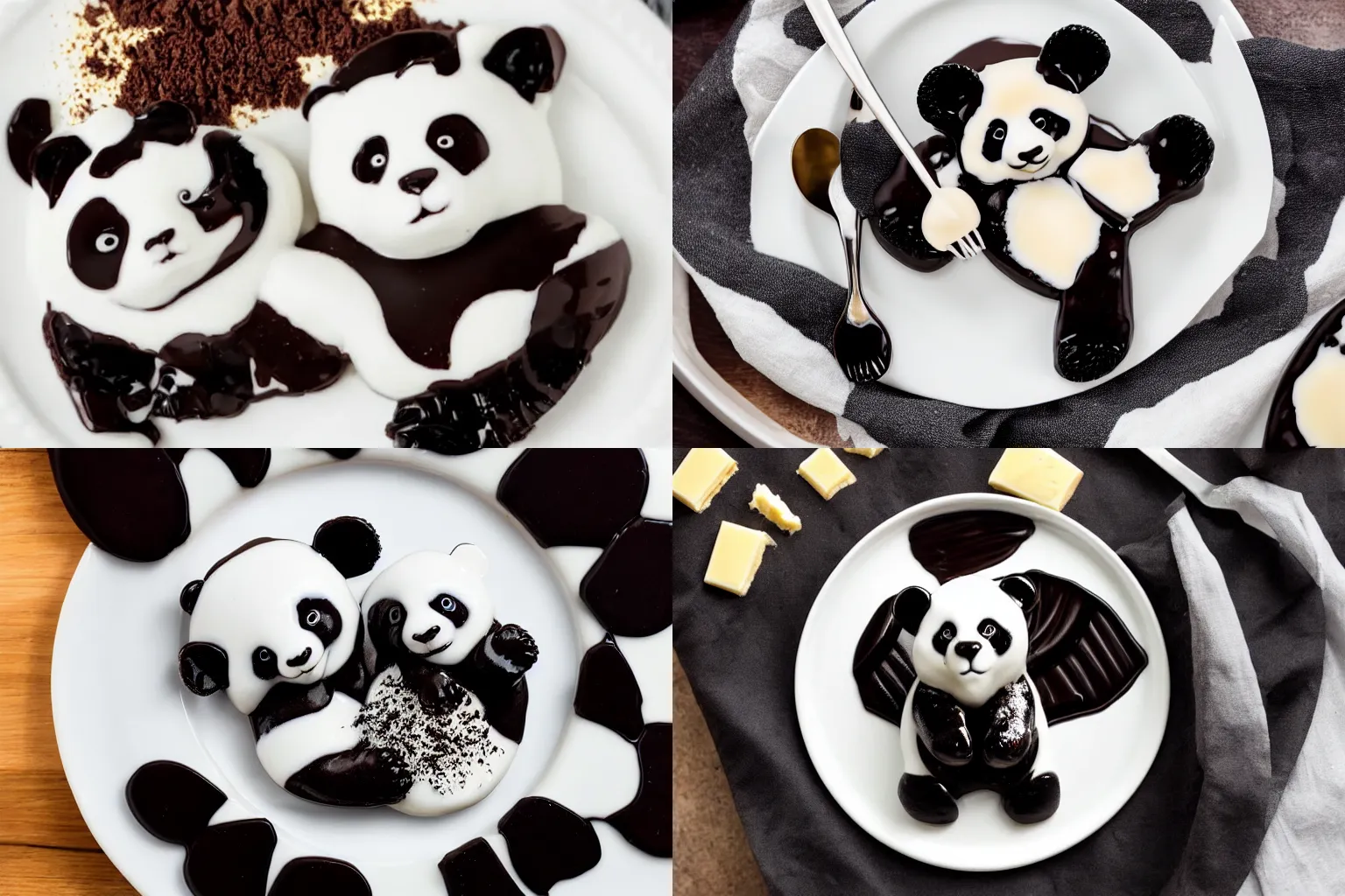 Prompt: panda of black and white melted chocolate on a dessert plate